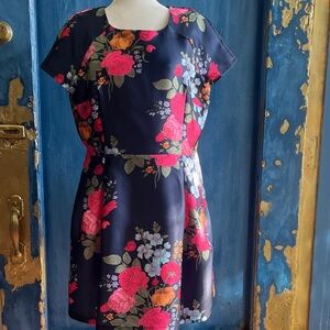 Qed London Floral Navy Dress with Pink and Orange Accents
